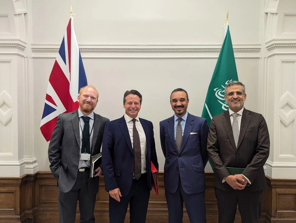 Saudi Arabia’s Ambassador to the UK Prince Khalid bin Bandar at the headquarters of the British Department for Business and Trade. (X/Saudi Embassy UK)