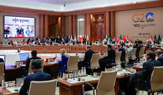 Leaders of the G20 nations attend the second working session of the G20 Leaders’ Summit at Bharat Mandapam in New Delhi. (AFP)