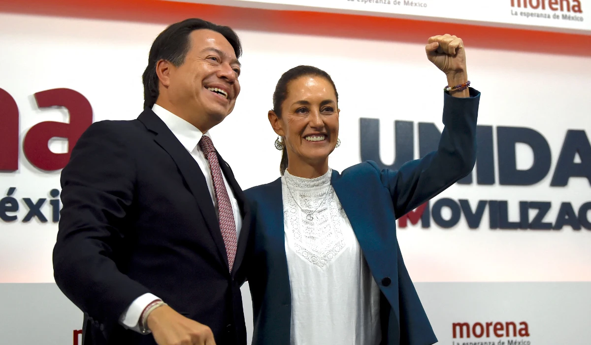 President of the Morena party Mario Delgado and their presidential candidate Claudia Sheinbaum seen post press conference in Mexico City on Thursday. (AFP)