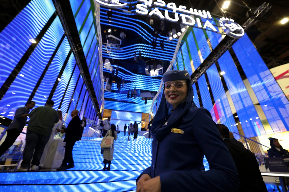 A picture shows the Saudi pavilion during the Arabian Travel Market, the Middle Eastís largest travel and tourism exhibition, in Dubai on May 10, 2022. (AFP file photo)