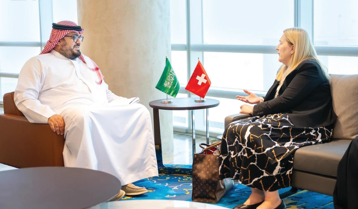 Faisal bin Fadel Al-Ibrahim holds talks with Helene Budliger Artieda in Riyadh. (SPA)
