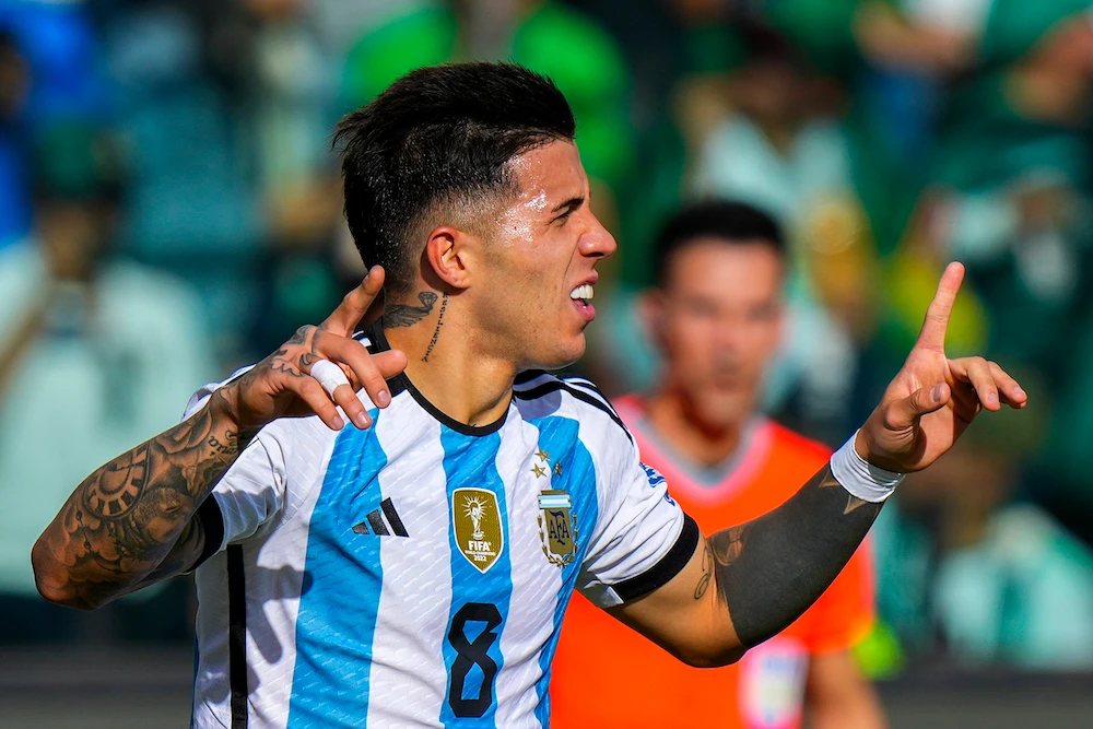 Argentina’s Enzo Fernandez celebrates scoring his side first goal against Bolivia during a qualifying match for the FIFA World Cup 2026 at the Hernando Siles stadium in La Paz, Bolivia, on Tuesday. (AP)