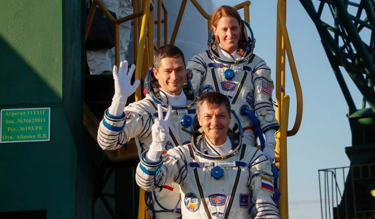 (Bottom-top) Russian Roscosmos cosmonauts Oleg Kononenko and Nikolai Chub and US NASA astronaut Loral O’Hara, members of the International Space Station (ISS) Expedition 70-71 main crew, board the Soyuz MS-24 spacecraft ahead of the launch in the Russian leased Baikonur cosmodrome in Kazakhstan on September 15, 2023. (AFP)