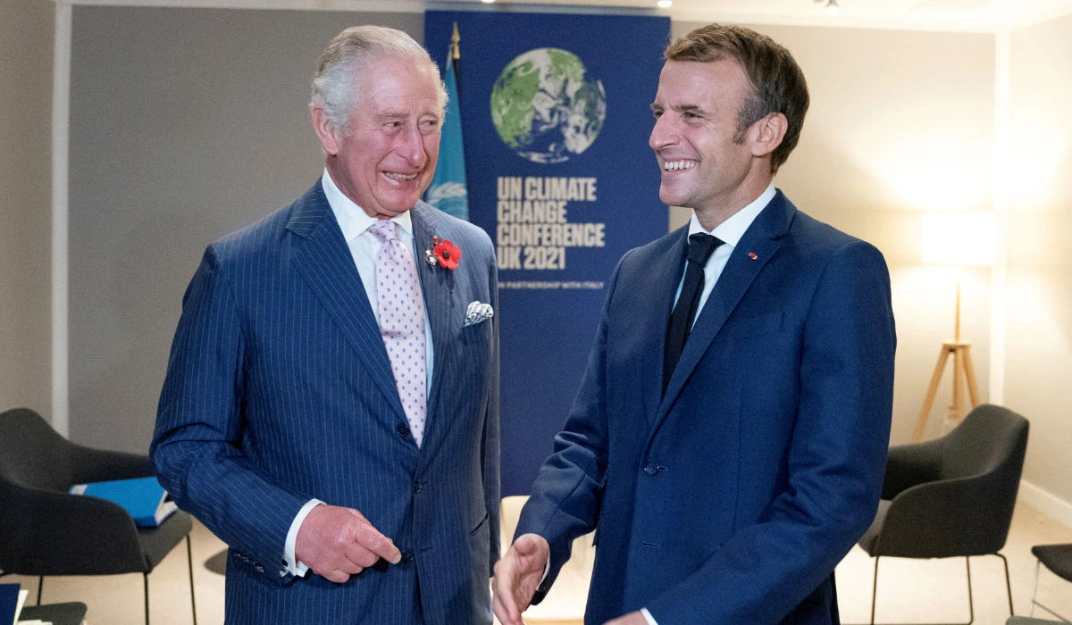 Britain's Charles, Prince of Wales, greets France's President Emmanuel Macron ahead of their bilateral meeting on the sidelines of the UN Climate Change Conference (COP26) in Glasgow, Scotland, Britain November 1, 2021. (REUTERS)