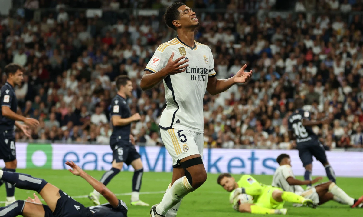 Real Madrid's English midfielder Jude Bellingham reacts during the Spanish Liga football match between Real Madrid and Real Sociedad at at the Santiago Bernabeu stadium in Madrid on Sept. 17, 2023. (AFP)