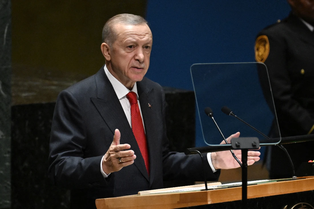 Turkish President Recep Tayyip Erdogan addressed the 78th United Nations General Assembly at UN headquarters in New York City. (File/AFP)
