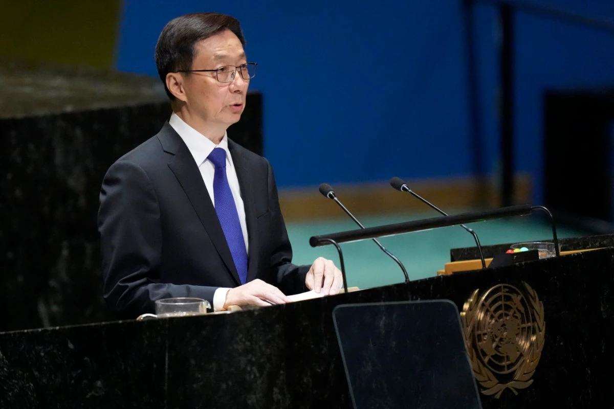 Chinese Vice President Han Zheng addresses the 78th session of the United Nations General Assembly in New York City on Sept. 21, 2023. (AP Photo)