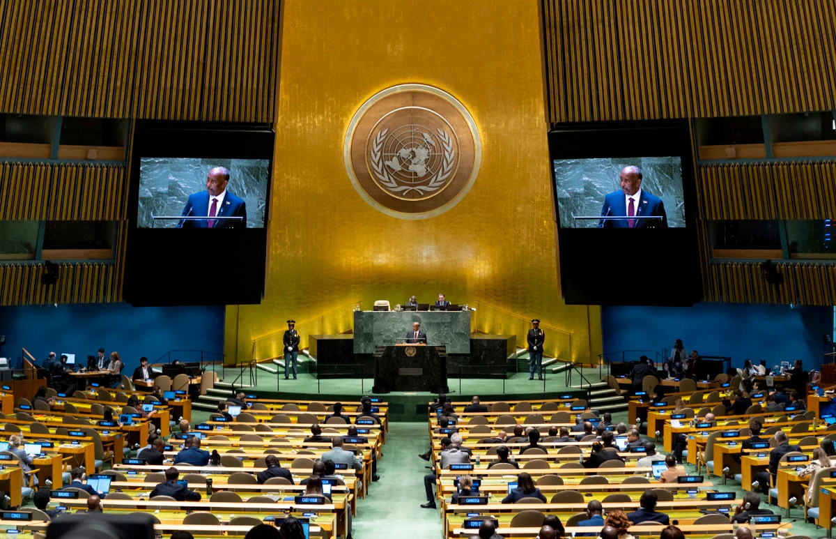 Gen. Abdelrahman Al-Burhan, president of Sudan's Transitional Sovereign Council, addresses the 78th session of the United Nations General Assembly on Sept. 21, 2023. (AP Photo)