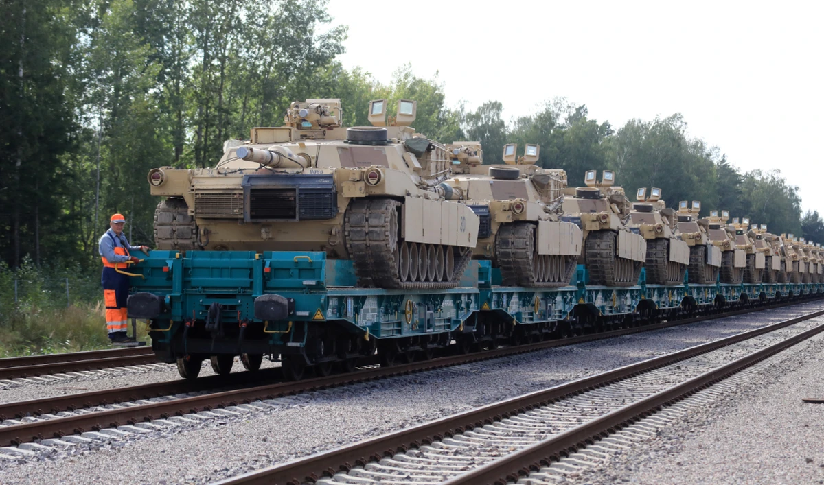 US Army Abrams tanks of the 2nd Brigade 69th Regiment 2nd Battalion are pictured at Mockava railway station in Lithuania, on September 5, 2020. (AFP/File)