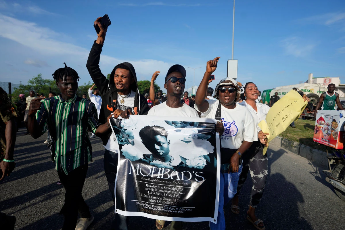People chant slogans during a protest on the streets of Lagos, Nigeria, on Sept. 21, 2023, to demand justice following the mysterious death of Afrobeat star Mohbad. (AP)