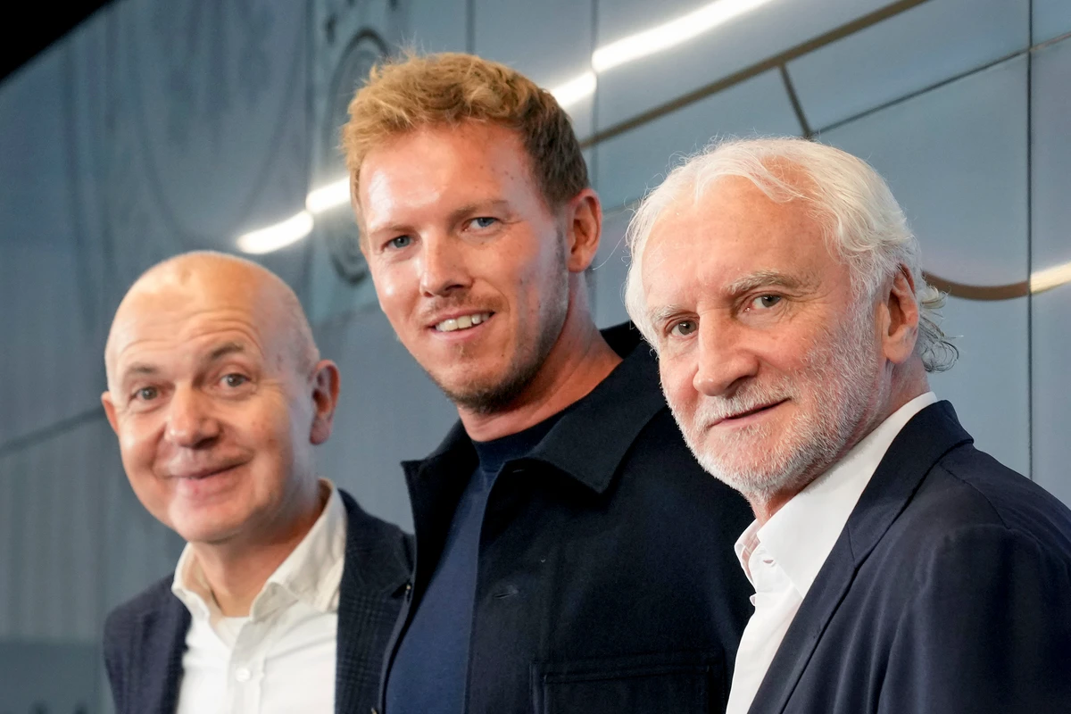New coach of German national soccer team Julian Nagelsmann, center, president of German Football Federation Bernd Neuendorf, left, and sports director Rudi Moeller during a press conference in Frankfurt Friday. (AP)