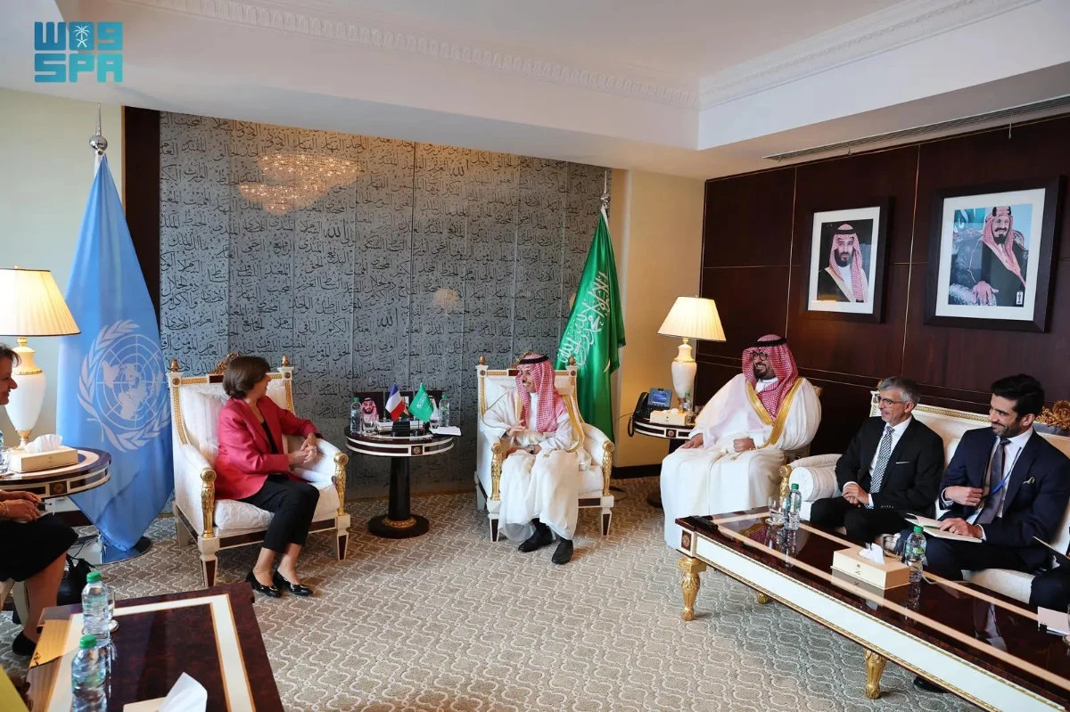 Saudi Foreign Minister Prince Faisal bin Farhan meeting with French Foreign Minister Catherine Colonna on the sidelines of UNGA78 in New York. (SPA)