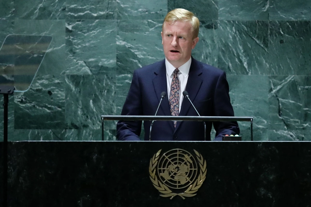 Britain's Deputy Prime Minister Oliver Dowden addresses the 78th United Nations General Assembly at UN headquarters in New York City on September 22, 2023. ( AFP)