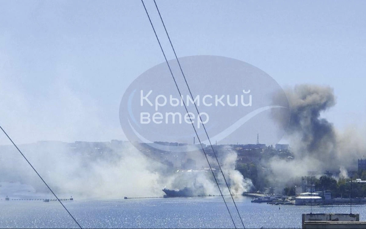 This image taken from UGC video shows smoke rising from the headquarters of Russia’s Black Sea Fleet in Sevastopol, Crimea, on Sept. 22, 2023. (AP)