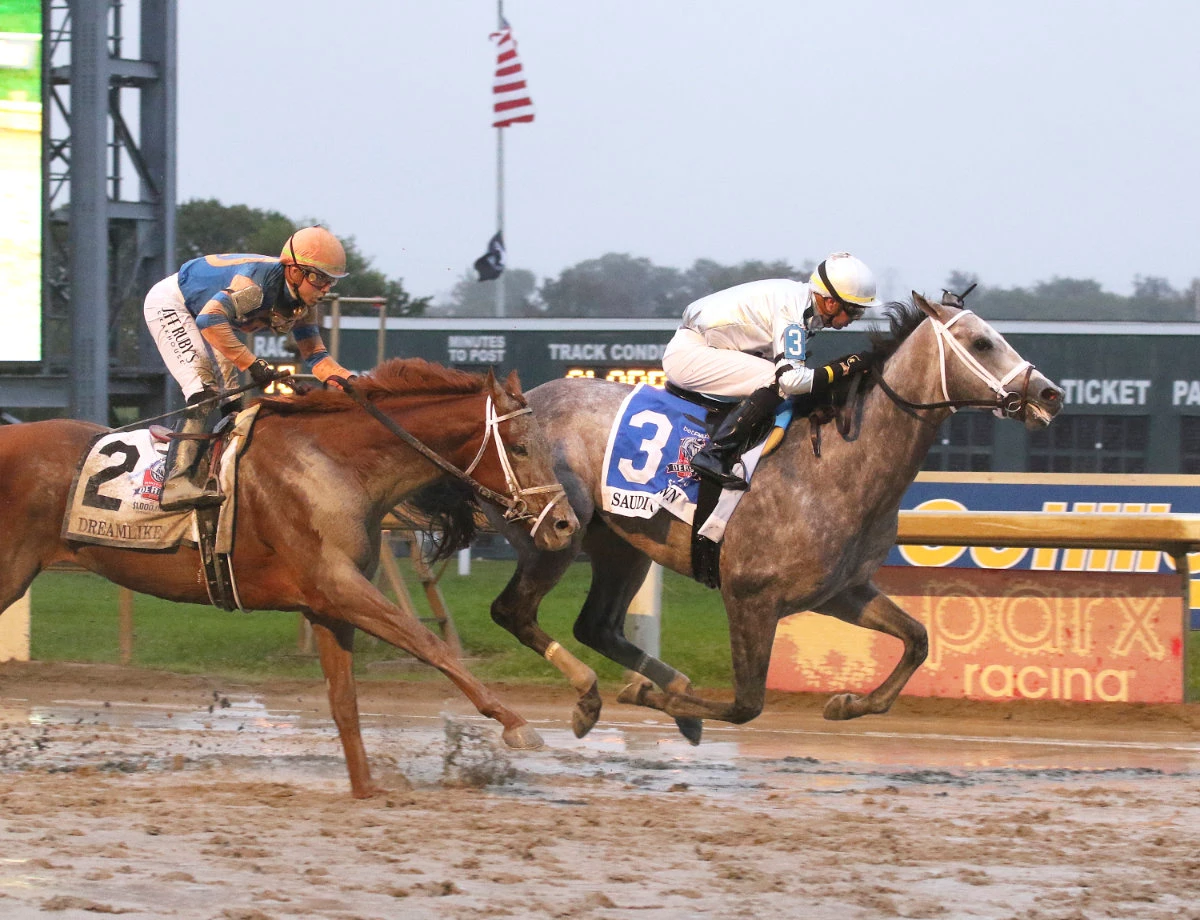 In this image provided by Equi-Photo, Saudi Crown, right, ridden by Florent Geroux, wins the Pennsylvania Derby horse race Saturday at Parx Racing in Bensalem, Pennsylvania. (AP)