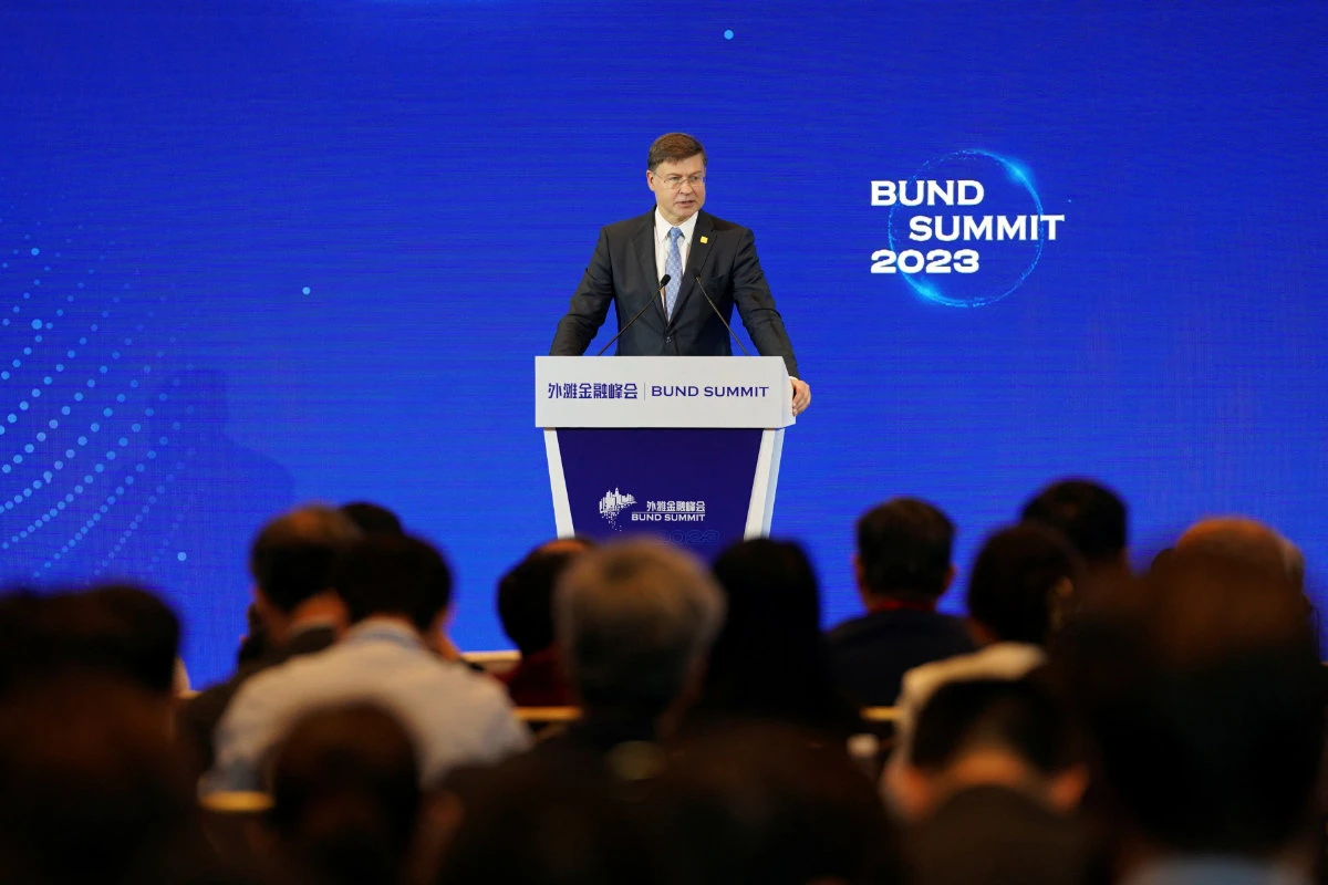 European Commission Executive Vice President Valdis Dombrovskis speaks at the Bund Summit in Shanghai, China, on September 23, 2023. (REUTERS)