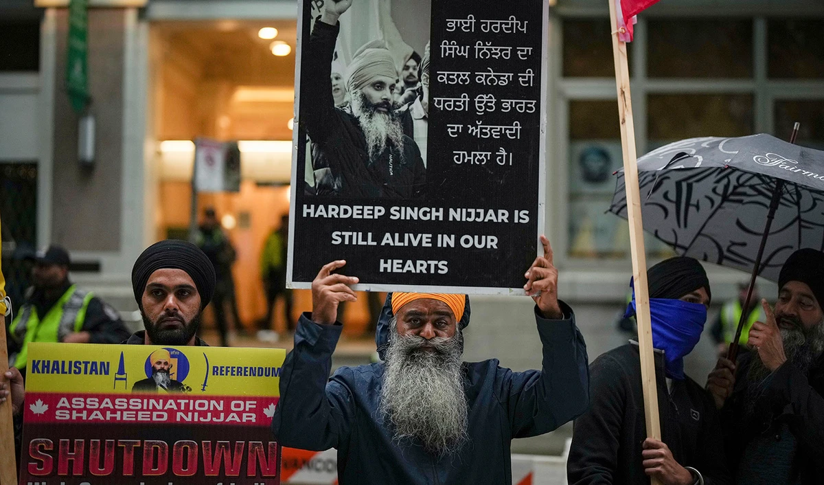 People protest outside the Indian Consulate, in Vancouver, British Columbia, on September 25, 2023. (The Canadian Press via AP)