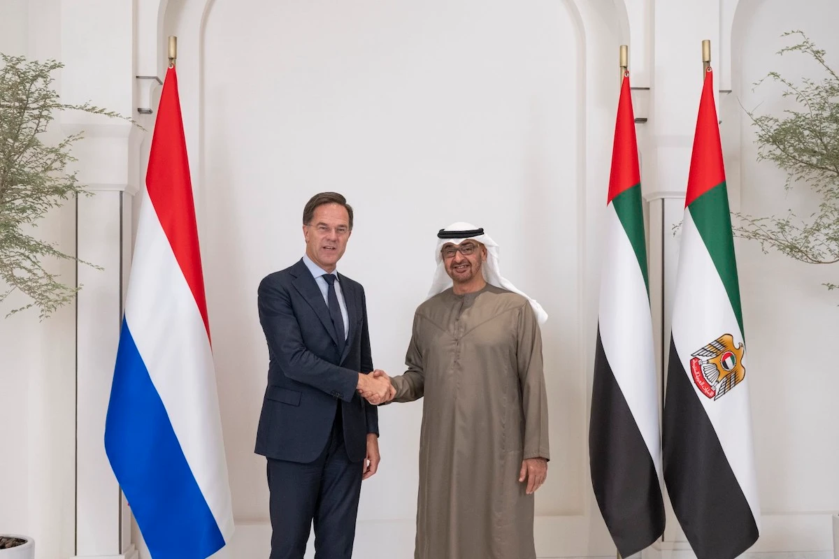 UAE President Sheikh Mohamed bin Zayed Al-Nahyan and Dutch PM Mark Rutte in Abu Dhabi. (WAM)