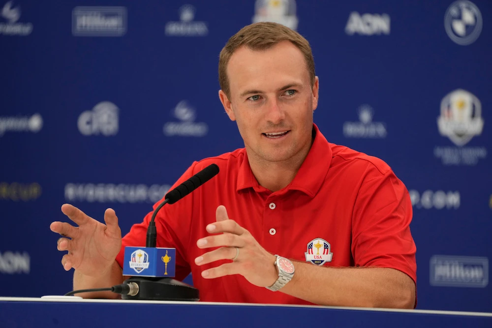 Jordan Spieth of the US attends a press conference ahead of the Ryder Cup at the Marco Simone Golf Club in Guidonia Montecelio, Italy, Tuesday. The Ryder Cup starts Sept. 29. (AP)