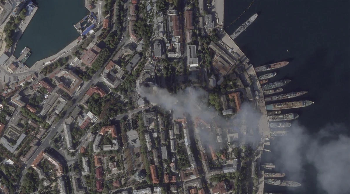 This satellite photo provide by Planet Labs PBC on Sept. 22, 2023, show damage to a headquarters building for the Russian Black Sea fleet in Sevastopol, Crimea. (AP)