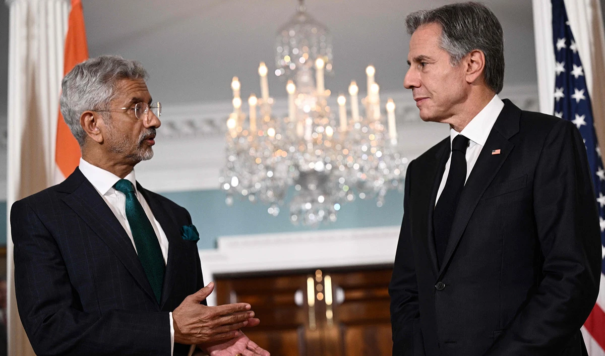 US Secretary of State Antony Blinken, right, and Indian Foreign Minister Subrahmanyam Jaishankar speak to each other in Washington DC, on September 28, 2023. (AFP)