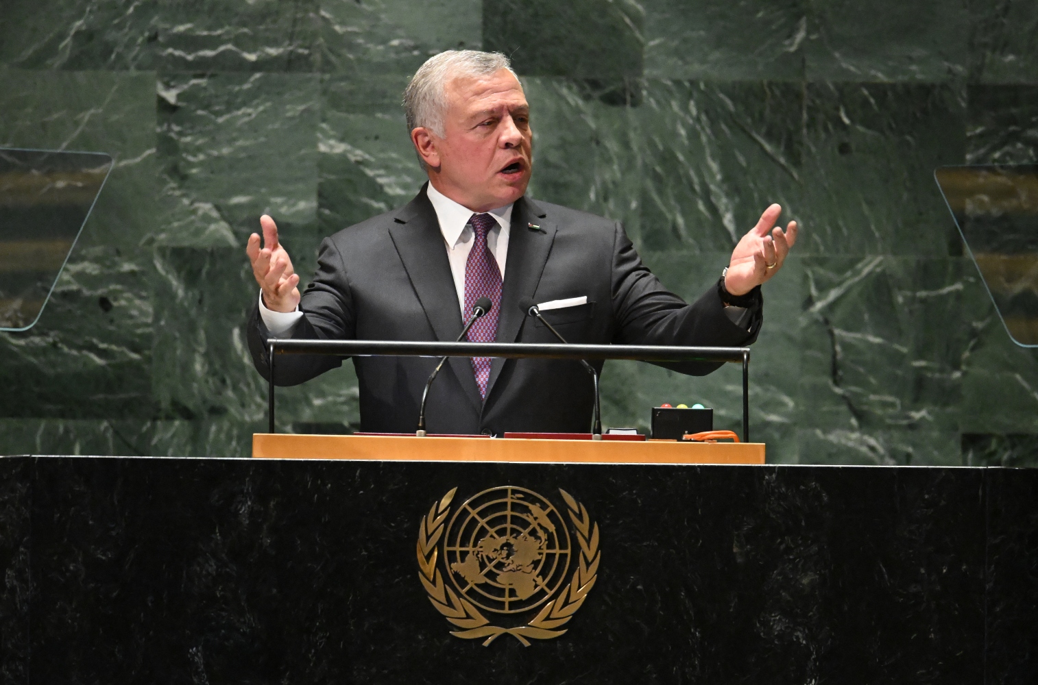 Jordan’s King Abdullah addresses the 78th UN General Assembly at the UN headquarters in New York City. Sept. 19, 2023 (File/AFP)