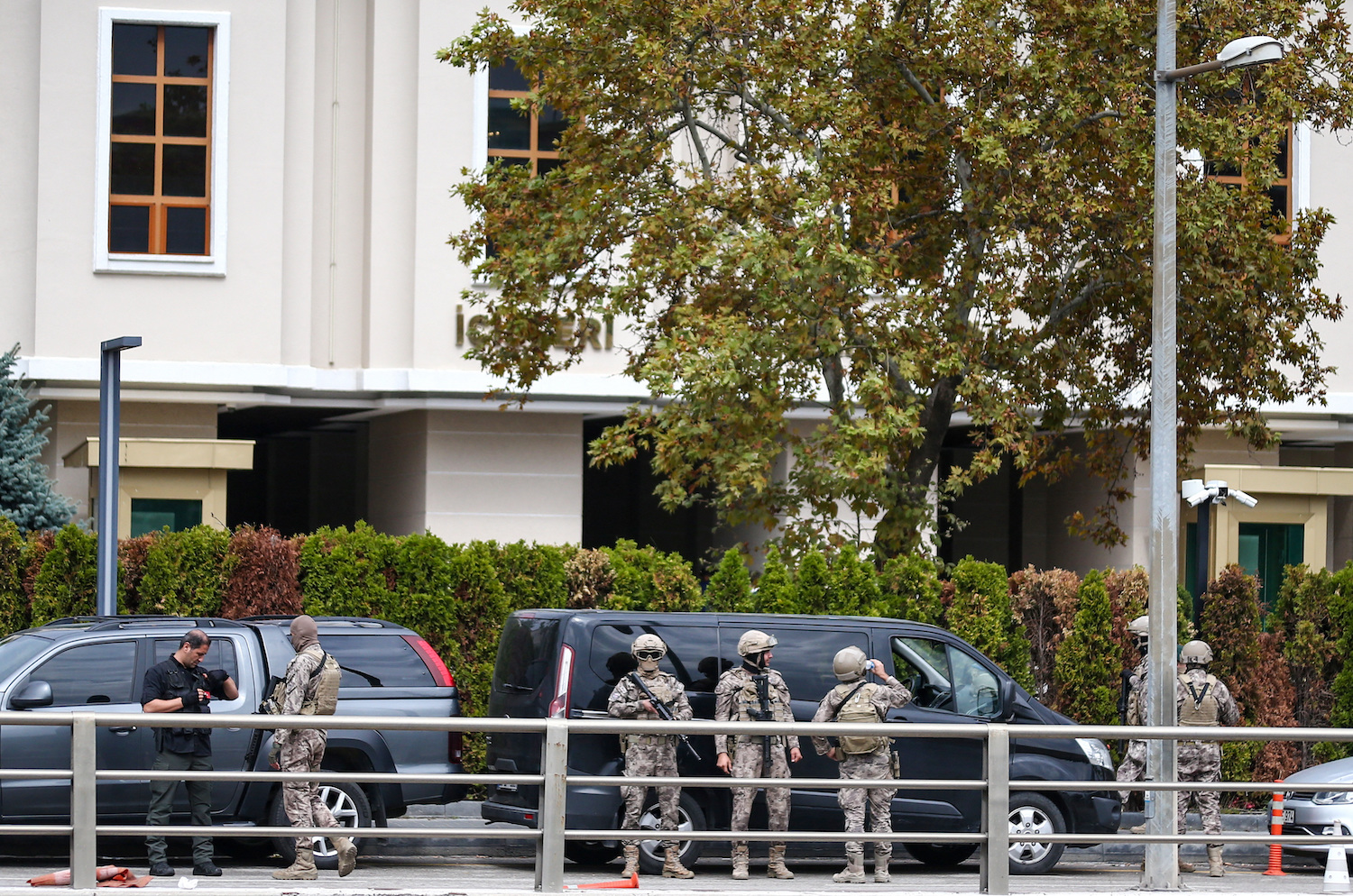 Members of the Turkish Police Special Forces stand guard in front of the Interior Ministry following a bomb attack in Ankara, Turkey October 1, 2023. (Reuters)