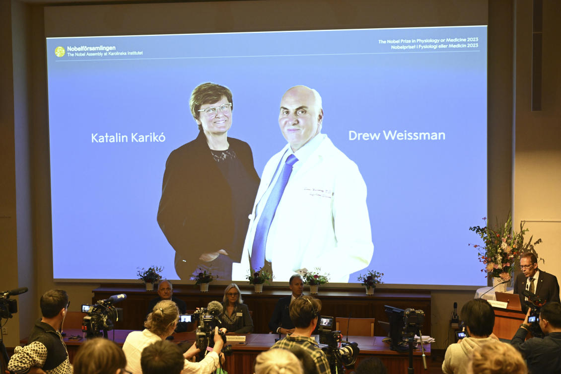 The Nobel Prize in medicine has been awarded to Katalin Karika and Drew Weissman for discoveries that enabled the development of effective mRNA vaccines against COVID-19.(AP)