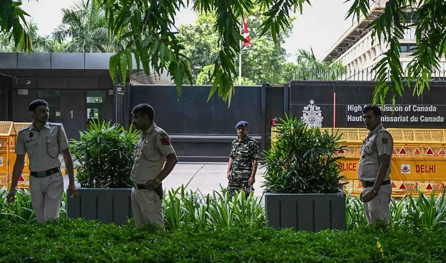 Security personnel stand guard in front of the High Commission of Canada in New Delhi, India on September 19, 2023. (AFP)