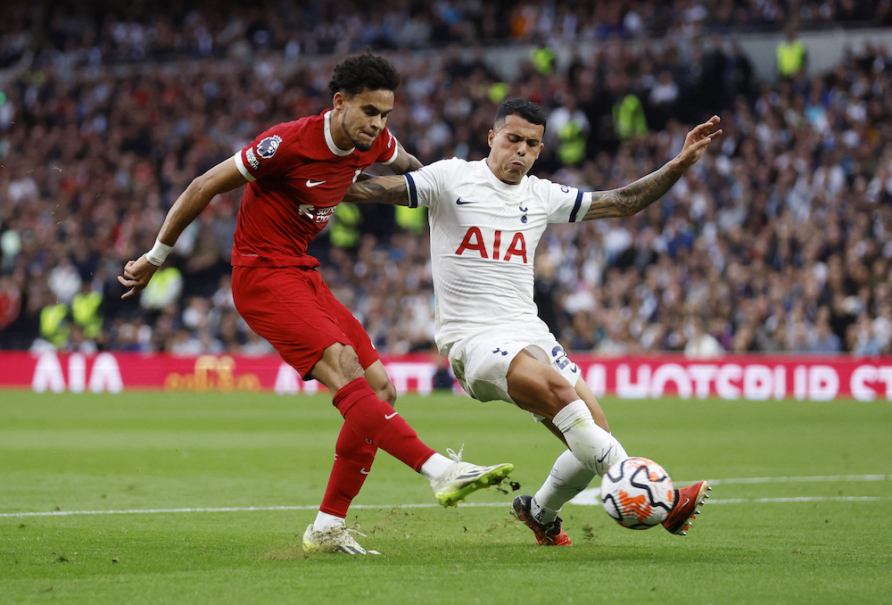 Liverpool’s Luis Diaz scored a goal that was later disallowed during their Premier League match against Tottenham Hotspur on Sept. 30, 2023. (Reuters)