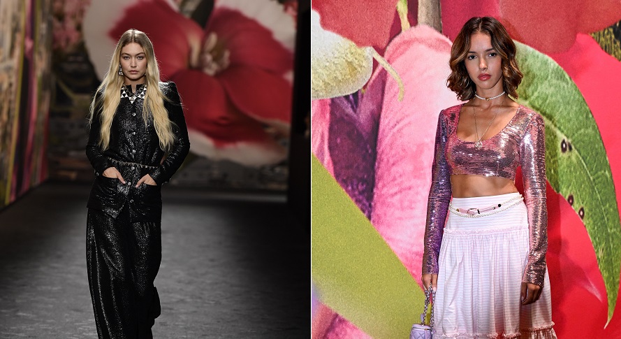 Gigi Hadid (left) walked the runway for French label Chanel as house ambassador Lyna Khoudri watched on. (Getty Images)