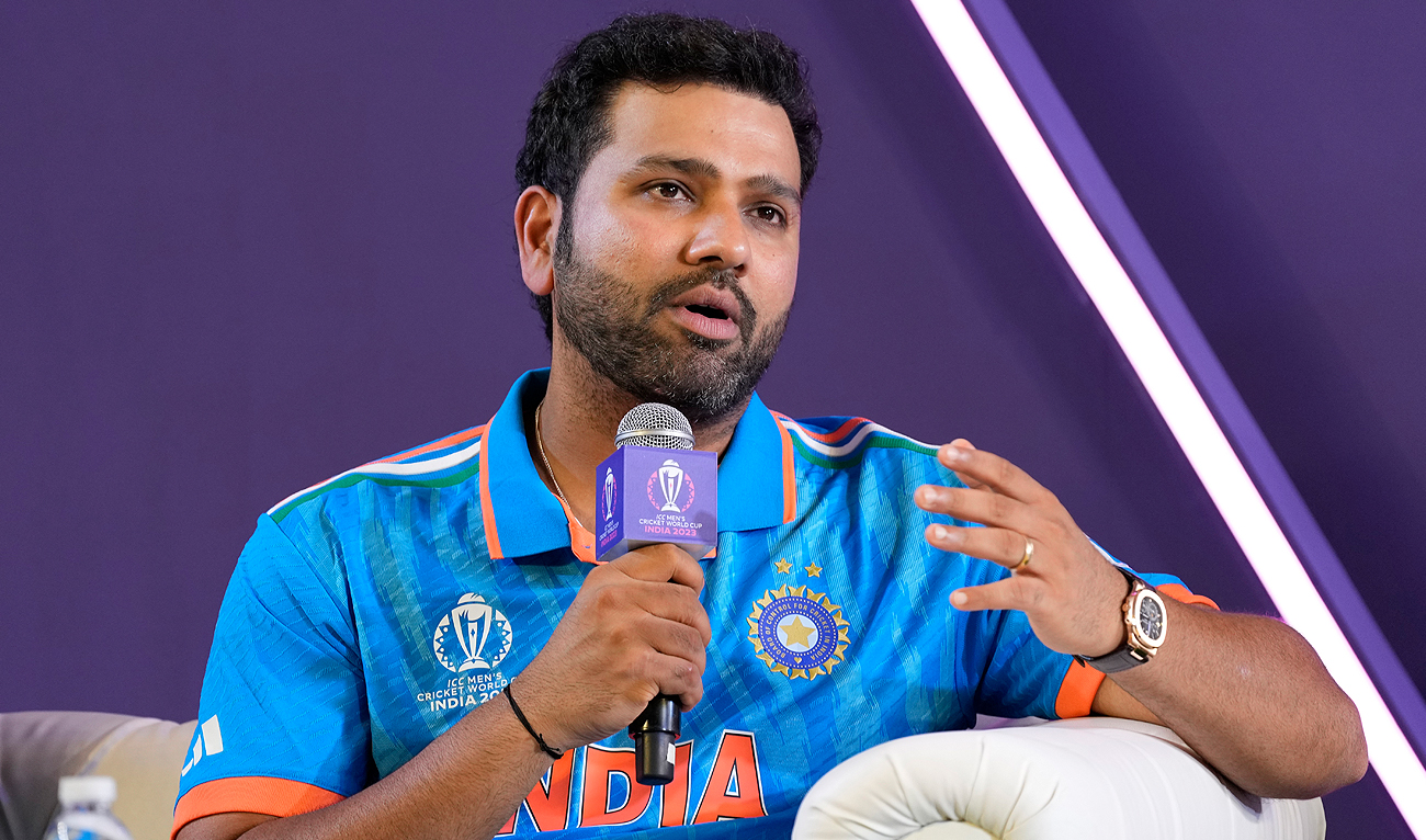 Indian captain Rohit Sharma speaks during captain's press conference on the eve of ICC Men's Cricket World Cup in Ahmedabad, India on October 4, 2023. (AP)