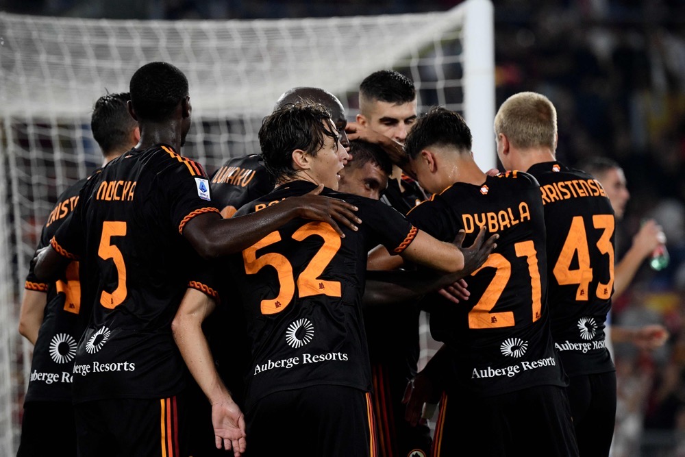 Roma players celebrate after a goal against Frosinone Calcio at the Olympic Stadium in Rome. (AFP)