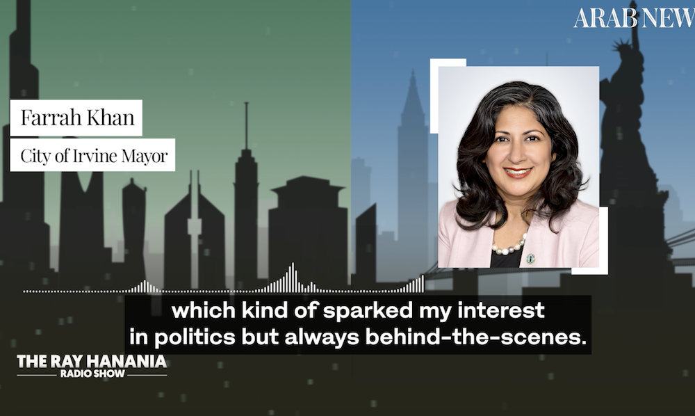 Farrah Khan, the woman of color and the first Muslim to win the mayoral seat in Irvine, California spoke to Ray Hanania. (AN Photo/Screenshot)
