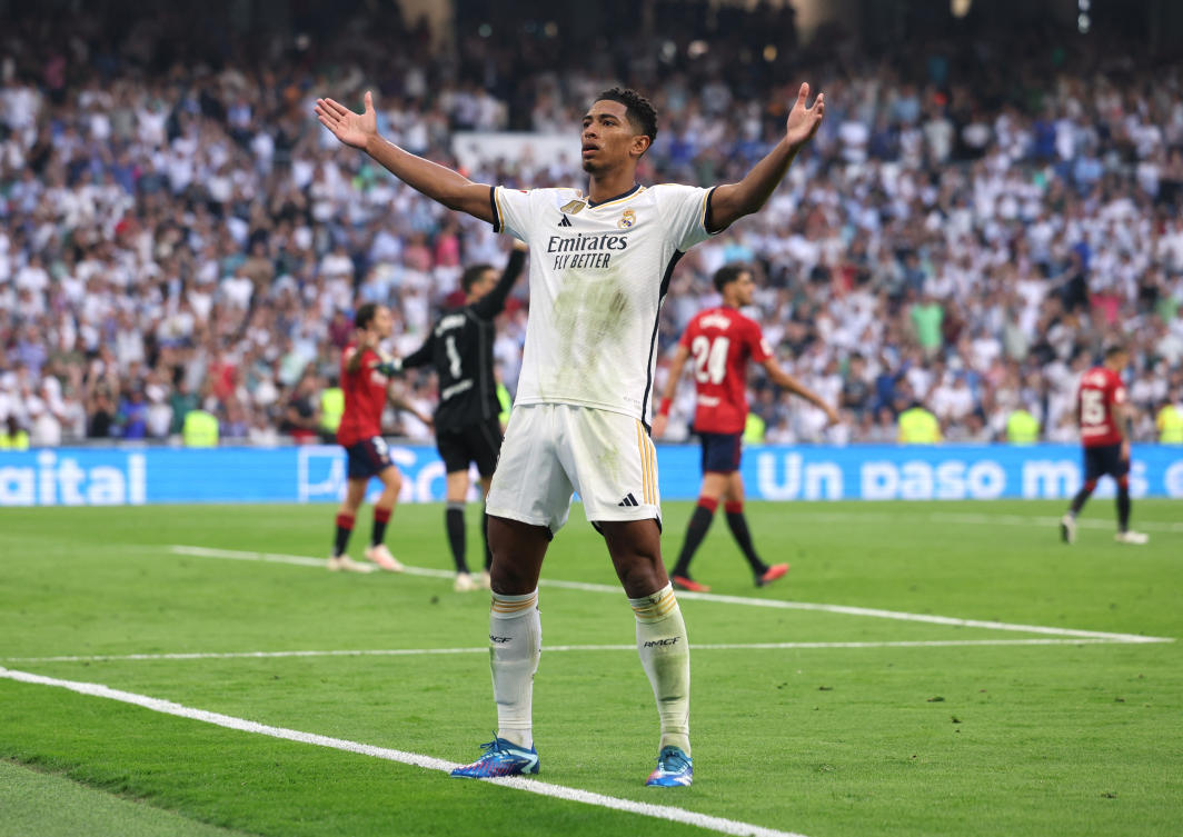 Real Madrid’s Jude Bellingham celebrates scoring their second goal during their La Liga match against Osasuna at Santiago Bernabeu, Madrid on Oct. 7, 2023. (Reuters)