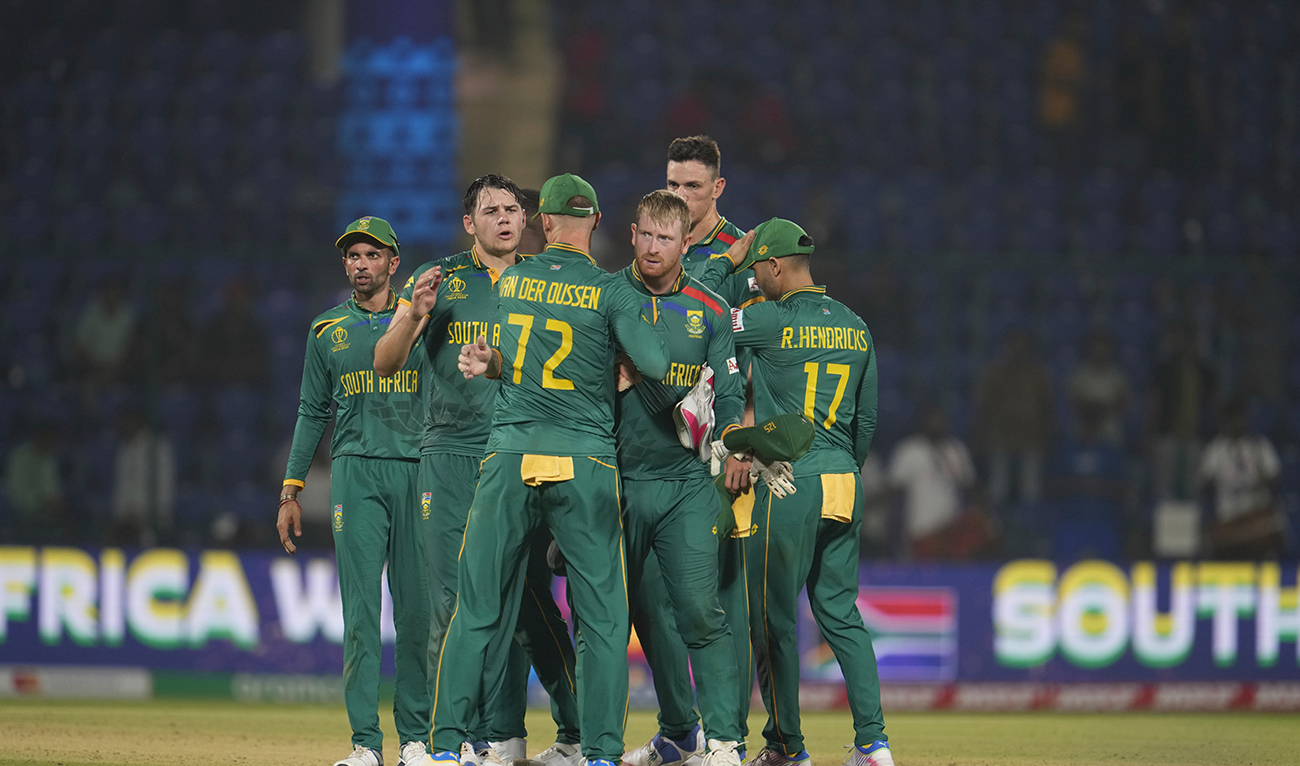 South African cricketers celebrate after winning the ICC Cricket World Cup match between South Africa and Sri Lanka in New Delhi, India, on October 7, 2023. (AP)