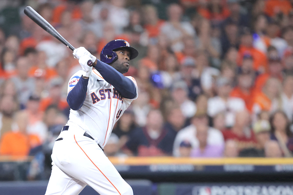 Houston Astros left fielder Yordan Alvarez hits a home-run in the seventh inning against the Minnesota Twins during Game 1 of the ALDS for the 2023 MLB playoffs at Minute Maid Park Saturday. (USA TODAY Sports)