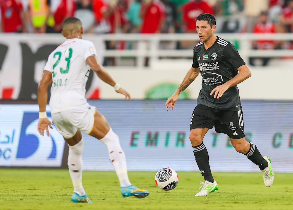 Sharjah forward Sebastian Tagliabue, right, has now scored 181 UAE Pro League goals. (X: @SharjahFC)