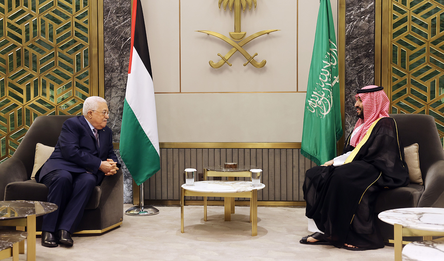 Palestinian President Mahmud Abbas, left, meets with Saudi Arabia's Crown Prince Mohammed bin Salman during an official visit in Jeddah, Saudi Arabia on April 18, 2023. (Photo courtesy: Palestinian Presidency/File)