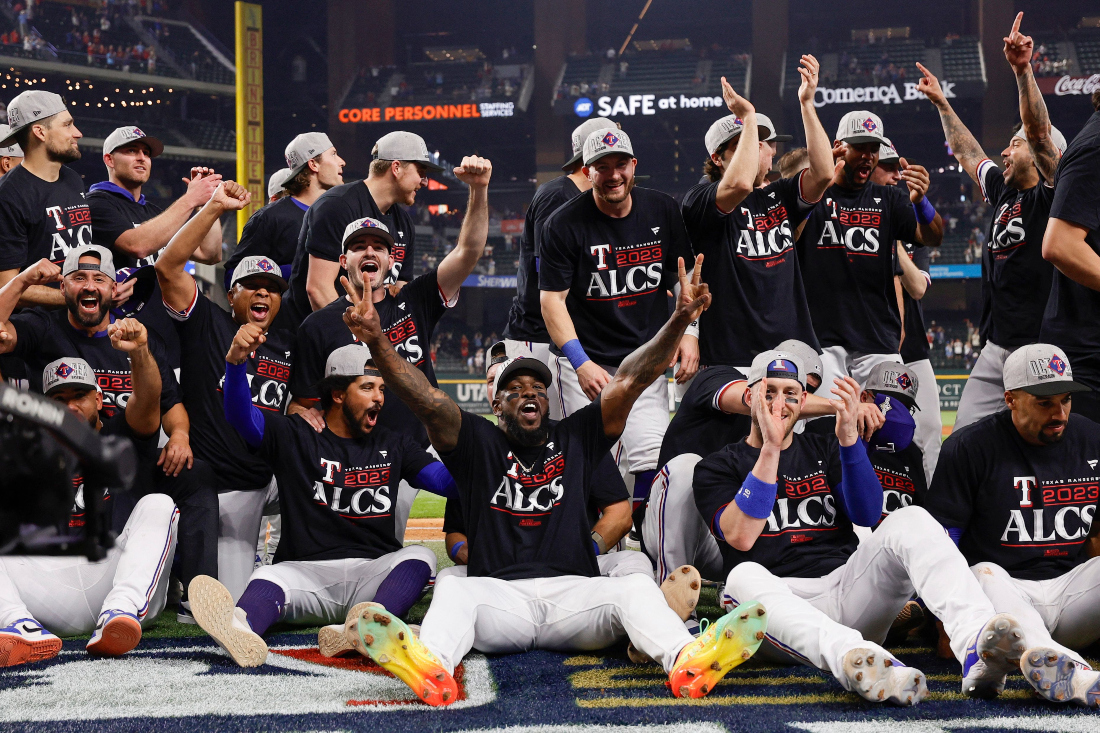 Texas Rangers players celebrate after defeating the Baltimore Orioles in Game 3 of the American League Division Series at Globe Life Field in Arlington, Texas. (AFP)