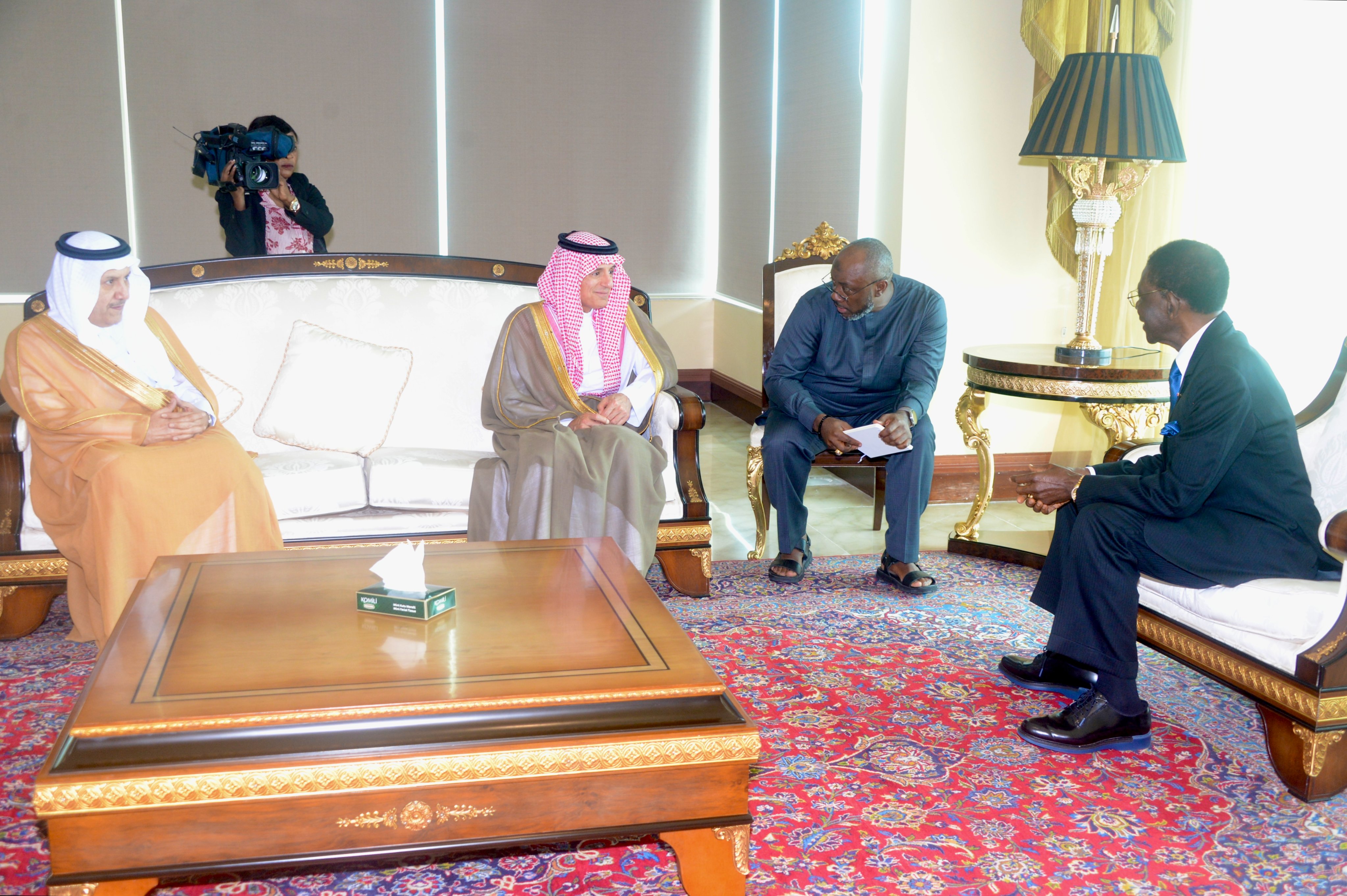 President of Equatorial Guinea Teodoro Obiang Nguema Mbasogo receives Saudi Minister of State for Foreign Affairs Adel Al-Jubeir in Malabo on Wednesday. (SPA)