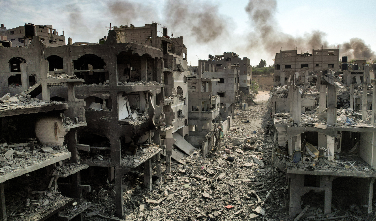 This picture taken on October 11, 2023 shows an aerial view of buildings destroyed by Israeli air strikes in the Jabalia camp for Palestinian refugees in Gaza City. (AFP)