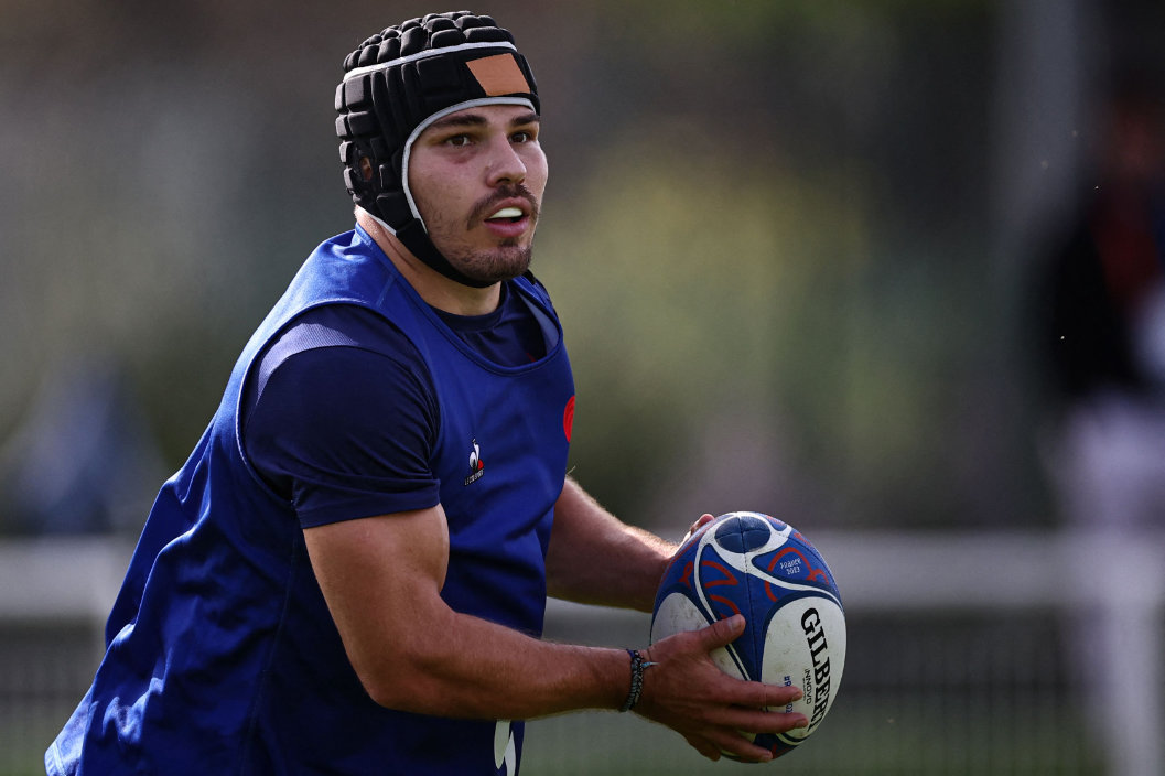 France's scrum-half Antoine Dupont, using a head guard, attends a training session at the Stade du Parc in Rueil-Malmaison, near Paris, on Wednesday, during the France 2023 Rugby World Cup. (AFP)
