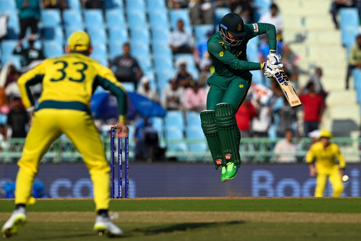 South Africa's Rassie van der Dussen (C) plays a shot during the 2023 ICC Men's Cricket World Cup one-day international (ODI) match between Australia and South Africa at the Ekana Cricket Stadium in Lucknow (AFP)
