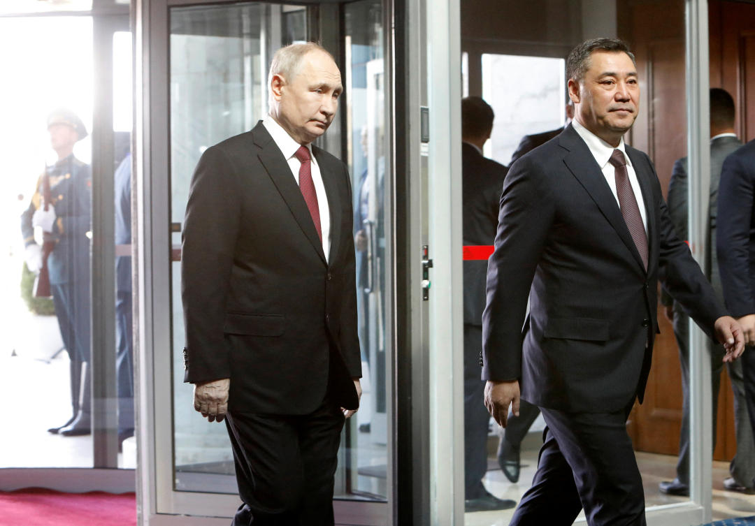 Russia's President Vladimir Putin and Kyrgyzstan's President Sadyr Japarov arrive for a meeting in Bishkek, Kyrgyzstan. (Reuters)