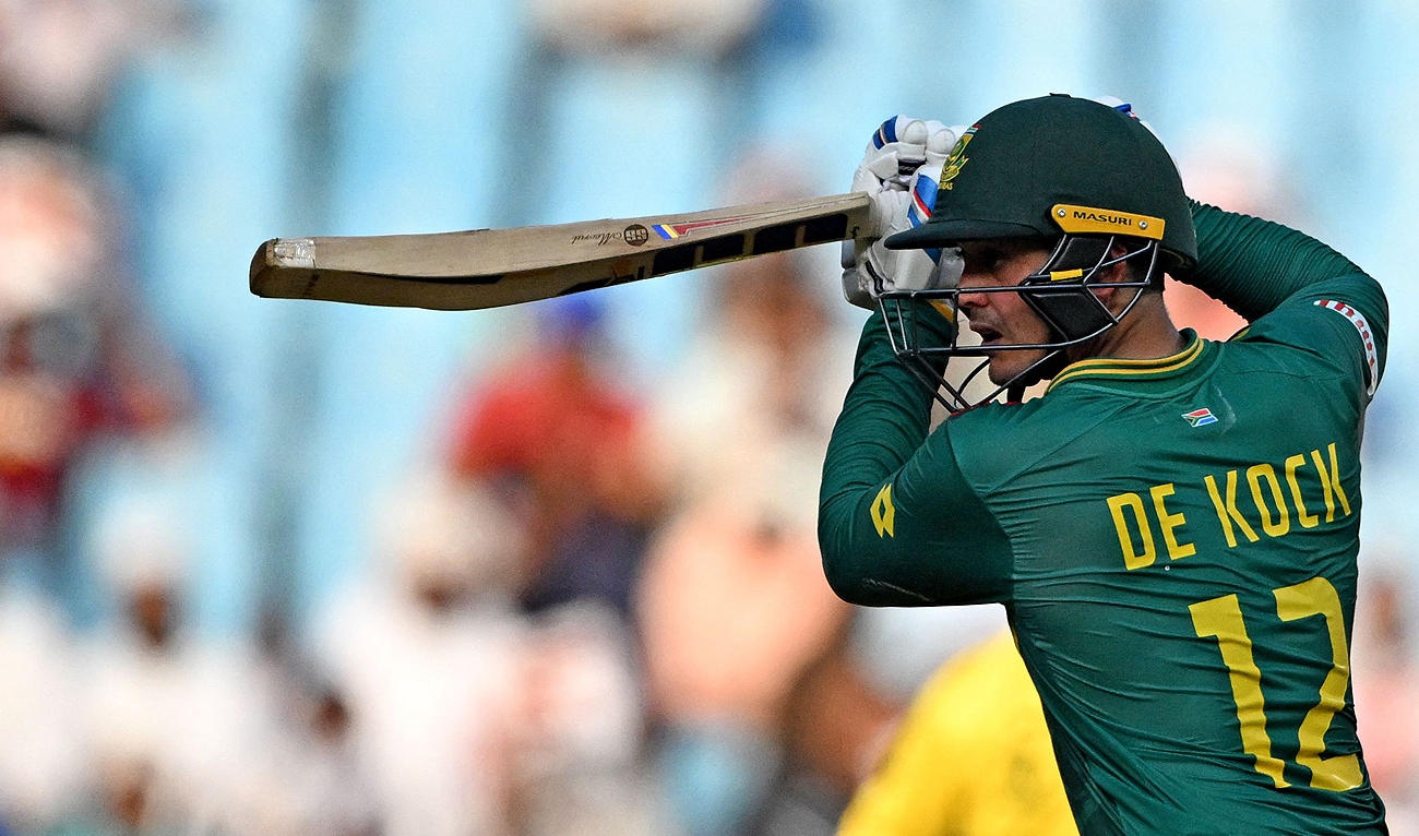 South Africa's Quinton de Kock plays a shot during the 2023 ICC Men's Cricket World Cup one-day international (ODI) match between Australia and South Africa at the Ekana Cricket Stadium in Lucknow on October 12, 2023. (AFP)