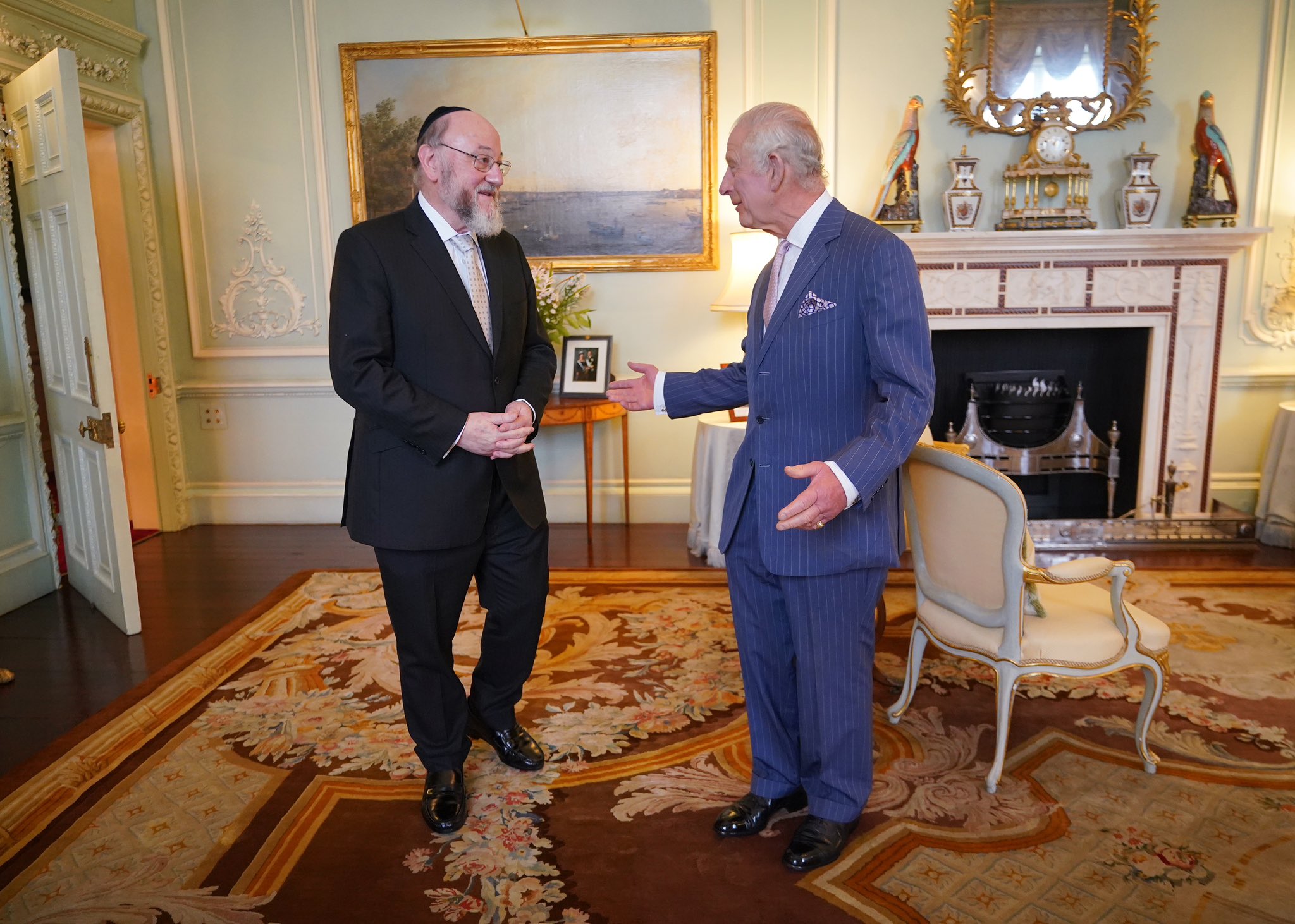 King Charles and Britain’s chief rabbi Sir Ephraim Mirvis in Buckingham Palace. (X/@RoyalFamily)