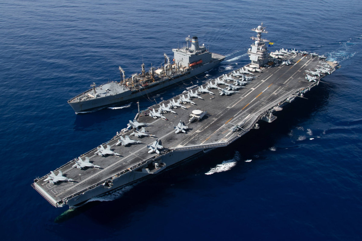 In this image released by the US Department of Defense, the world's largest aircraft carrier USS Gerald R. Ford sails during a fueling-at-sea operation in the eastern Mediterranean Sea on October 11, 2023. (US Department of Defense /Handout photo via AFP)