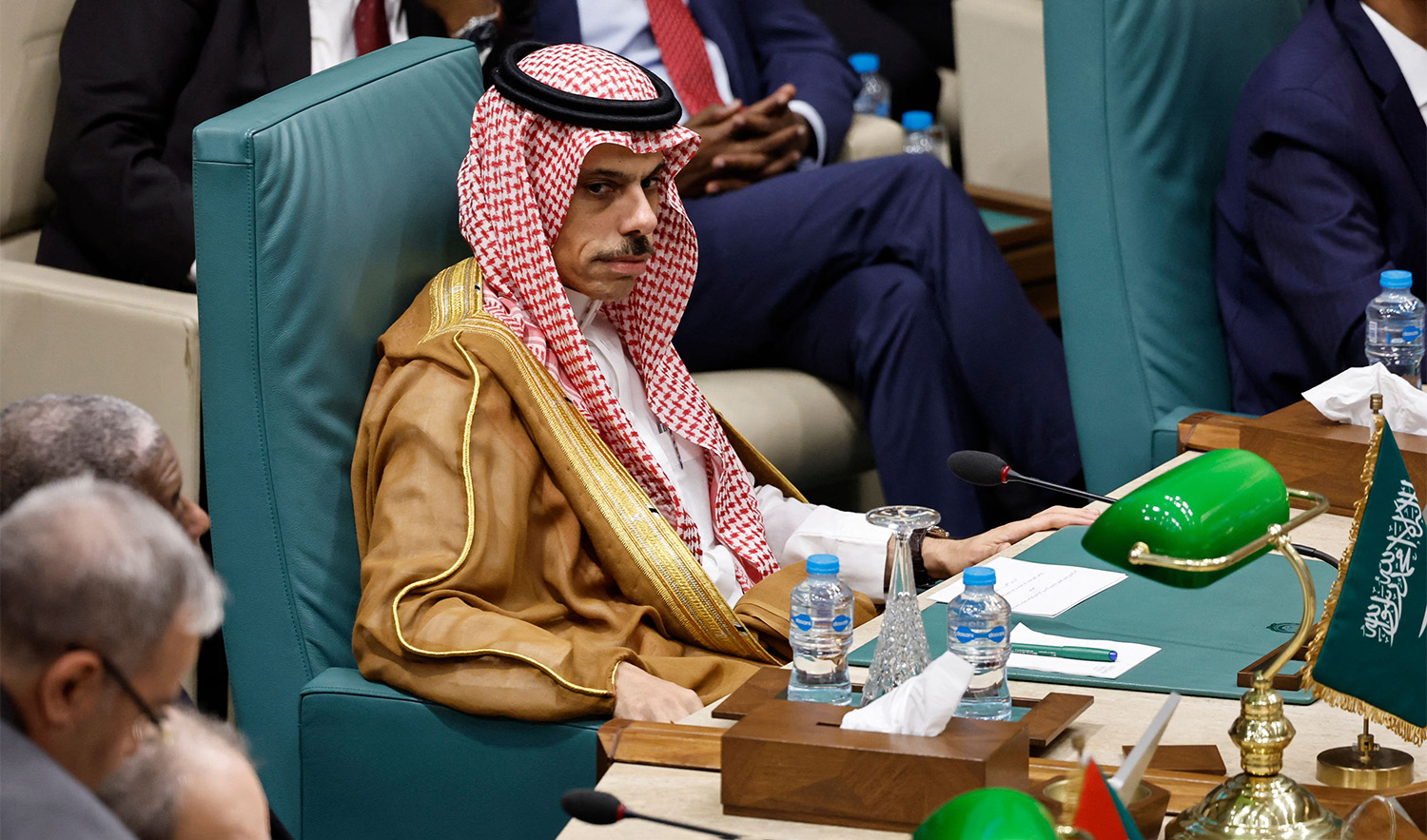 Saudi Foreign Minister Prince Faisal bin Farhan attends an Arab League extraordinary meeting in Cairo, Egypt on October 11, 2023. (AFP)