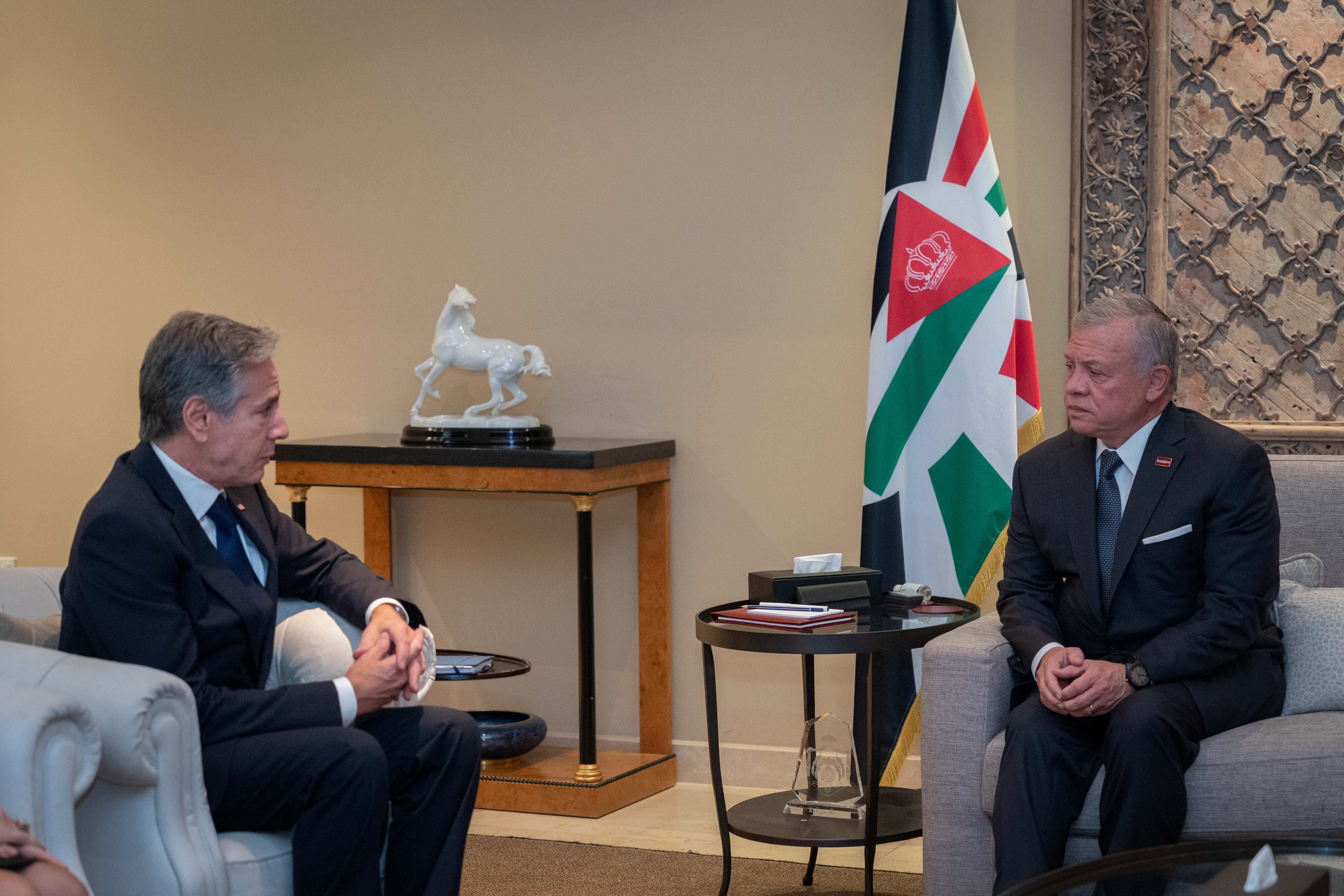 US Secretary of State Antony Blinken on Friday met with Jordanian King Abdullah in Amman, the second stop of his most extensive Middle East tour yet. (Jordan News Agency PETRA)